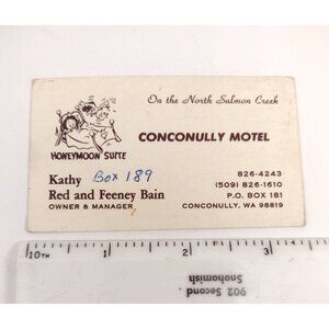 Vintage Conconully Motel Business Card "Honeymoon Suite" Kathy Red & Feeney Bain